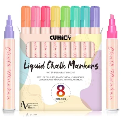 Image of CUHIOY Chalk Pens for Blackboards Wipeable, 8 Pack Chalkboard Colour, Pastel Markers Fine Tip Window, Glass and Bistro, Window Washable 6mm Reversible Bullet&amp;Chisel