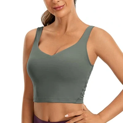 Image of CRZ YOGA Butterluxe Womens V Neck Padded Sports Bra Longline Workout Crop Tank Top with Built in Grey Sage L