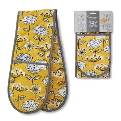 Image of Cooksmart Double Oven Gloves Heat Resistant British Designed Modern Mitt &amp; Potholder for Home Cooking Protection Kitchen Retro Meadow