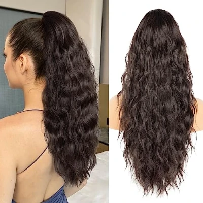Image of 26 Inch Brown Ponytail Extension, Natural Drawstring Long Wavy Hair Extensions, Synthetic Pieces for Women, Soft Extension Daily Use (Color: Brown)