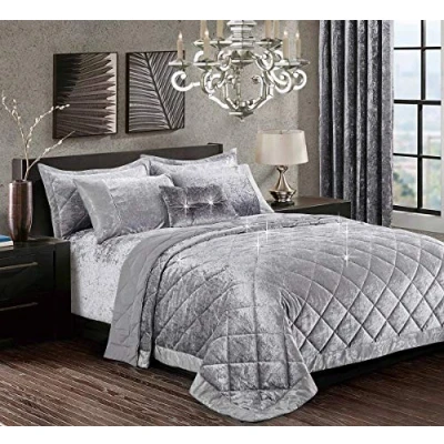 Image of 3 Piece Quilted Bedspread Crushed Velvet Comforter Luxury Bed Throw with Pillow Sham Bedding Set Silver King