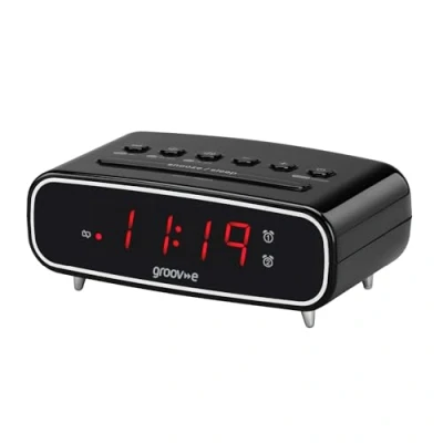 Image of Groov e Rise Digital Alarm Clock with FM Radio, LCD Display, &amp; Dimmer Function 12hr/24hr Time Modes Mains Powered, Backup Battery System Black
