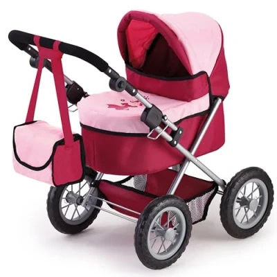 Image of Bayer Design 13014AA Dolls Pram Trendy, stroller, foldable, height adjustable handle, bag, red pink with princess