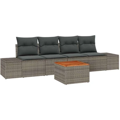 Image of vidaXL 5 Piece Garden Sofa Set with Cushions Grey Poly Rattan Acacia
