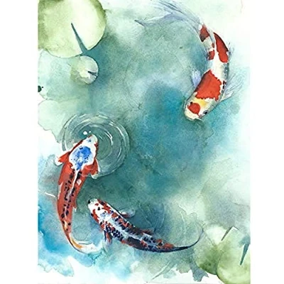 Image of Wee Blue Coo Japanese Koi Fish With Lilies Unframed Art Print Poster Wall Decor 12x16 inch
