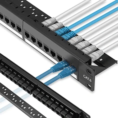 Image of Rapink Patch Panel 24 Port Cat6 with Inline Keystone 10G Support, Pass Thru Coupler UTP 19 Inch Removable Back Bar, 1U Network for Cat6, Cat5e, Cat5 Cabling