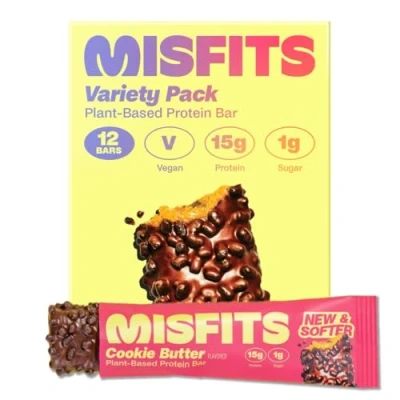 Image of Misfits Vegan Protein Bars Updated Recipe Low Sugar &amp; Carb, High Fibre Snacks Variety Pack of 12 (4 Flavours)
