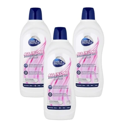 Image of CARE+PROTECT Dishwasher Gel All In One: Degreaser Rinse Aid Salt Odor Neutralizer Extra Powerful on Grease and Dirt Active Short Cycles Maxi Pack