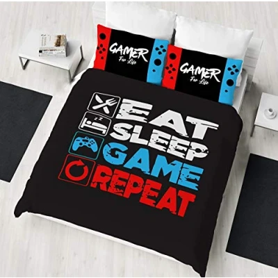 Image of Gamer Double Duvet Cover Eat Sleep Game Repeat Gaming Controller Design Reversible Bedding Set Polycotton