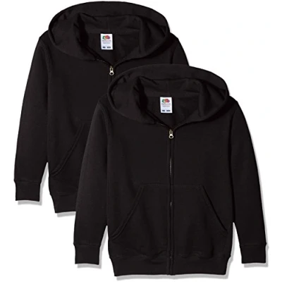 Image of Fruit of the Loom Unisex Kids Zip front Classic Hooded Sweat Pack 2, Black, 12 13 Years (Manufacturer Size:34)