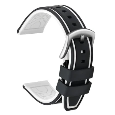 Image of ULLCHRO Silicone Watch Strap Replacement Rubber Band Waterproof Bicolor Men Women 20, 22, 24, 26mm Bracelet with Brushed Stainless Steel Buckle Silver (24mm, Black &amp; White)