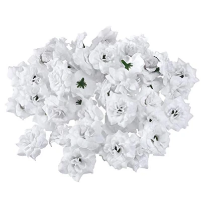 Image of LUOEM 50Pcs Artificial White Flowers Heads Silk Rose Craft for Wedding Hat Clothes Album