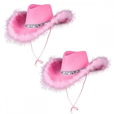 Image of A2ZFD 2 x Adult Ladies Pink Sequin &amp; Feather Texan Cowboy Hats : Wild West Cowgirl Hen Night Fancy Dress Accessory, L