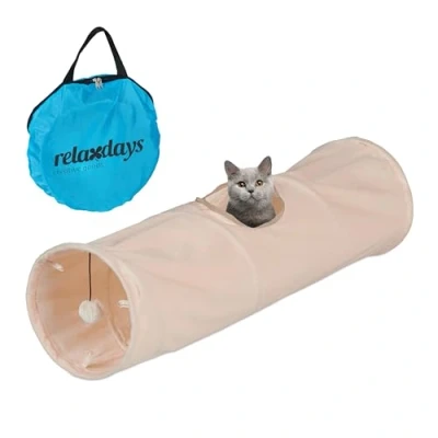 Image of Relaxdays Cat Tunnel, Soft Plush Lining, with Play Ball, Foldable, W x D: 88 25 cm, Interactive Toy, Beige, Polyester, cm