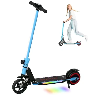 Image of SPORTNOW Folding Electric Scooter for Kids Age 6 14 with Dual Brakes, Front Suspension, LED Colourful Lights and Display, 6.8kg Lightweight Aluminium E Scooter, Up to KM/H &amp; KM, Blue