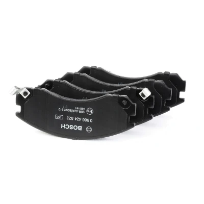 Image of 7412D530, E990R02A08991312 Brake pad set BOSCH 0 986 424 523 Low Metallic with acoustic wear warning anti squeak plate MITSUBISHI: PAJERO 3