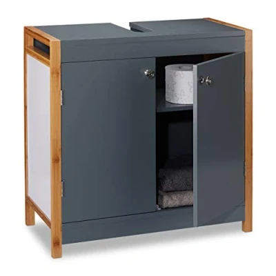 Image of Relaxdays Bathroom Basin Floor Cabinet with Bamboo Frame, Adjustable Shelf, Siphon Cut Out, HxWxD: 60 x 29 cm, Grey