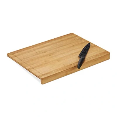 Image of Relaxdays Bamboo Chopping Board, Stop Edge &amp; Juice Groove, Cutting Meat Fish, Antibacterial, Kitchen, 45x35cm, Natural