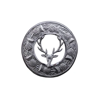 Image of Scottish Kilt Plaid Brooch Thistle Crest Silver Finish Celtic Knot Brooches &amp; Pin Ladies Scarf, Tartan Sash, Shawl 8cm (Stag Head Silver)