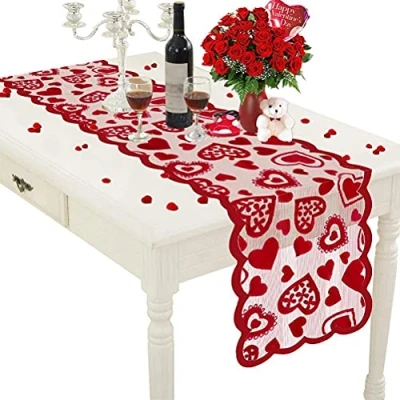 Image of Stylebest Valentines Table Runner with Red Heart Lace Valentine’s Day Decorations Love for Home Wedding, Christmas Party, Mother&#039;s Day,Valentine