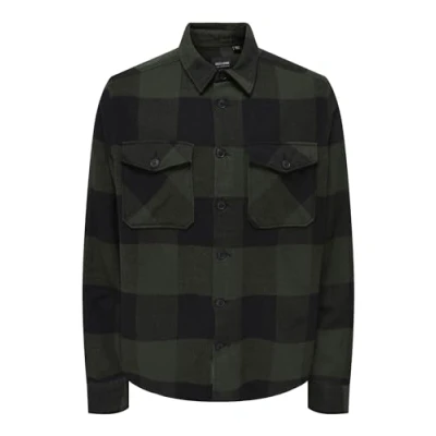 Image of ONLY &amp; SONS Men&#039;s ONSMILO Life LS Check Overshirt NOOS Shirt, Forest Night, S