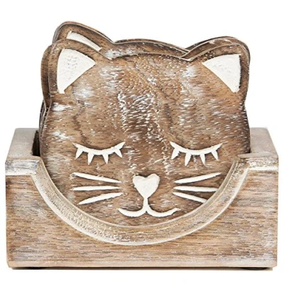 Image of Sass &amp; Belle Wooden Brown Carved Cat Coaster Set of 6
