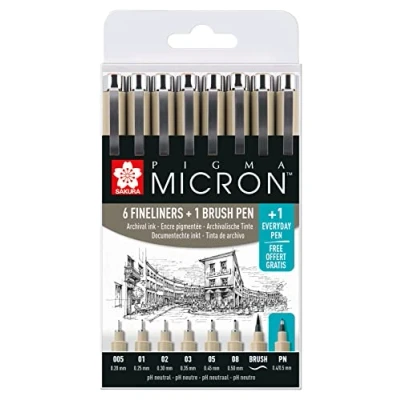 Image of Sakura Pigma Micron fineliner Set 7 Sizes + 1 PN for Free, Black (POXSDK8S)