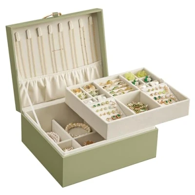 Image of SONGMICS JBC165C02 2 Tier Jewellery Box with Handle Flexible Tray Storage Floating Effect 20.5 x 24 11 cm Christmas Laurel Green