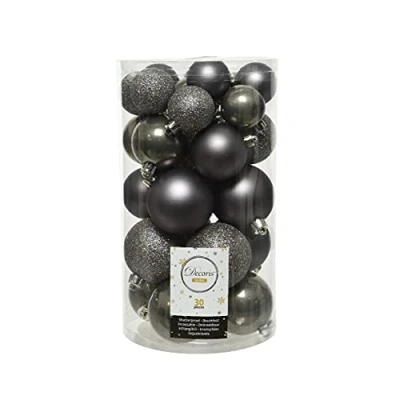 Image of Christmas Baubles Plastic 4 cm 6 Mix 30 Pieces with Glitter Warm Grey