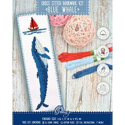 Image of Povitrulya &#039;Blue Whale&#039; Embroidery Set for DIY Bookmark Counted Cross Stitch Kit with Paper Pattern, 16 Count Aida Canvas and Pre Sorted Floss