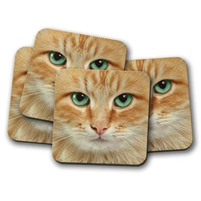 Image of 4 Set Ginger Cat Face Coaster Kitten Cats Green Eyes Cute Pretty #15007