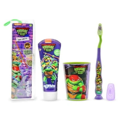 Image of Ninja Turtle Toothbrush Set Contains with Protection Cap, Suction Cup, Comfortable Handle and Soft Bristles, Mint Flavour Toothpaste, Pouch Multi Purpose Beaker for Kids 3+