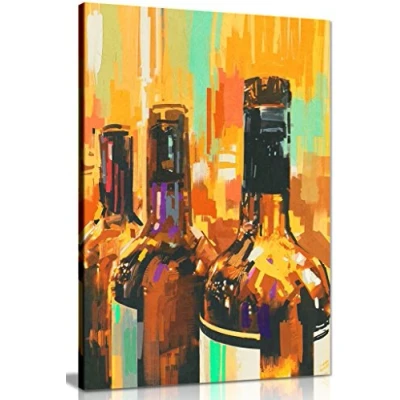 Image of Kitchen Wall Art Painting Modern Abstract Contemporary Wine Bottles Canvas Picture Print (36x24in)