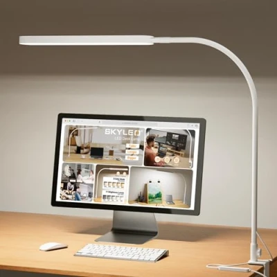 Image of SKYLEO Desk Lamp 85cm Light Flexible Gooseneck 5 Color Modes X 11 Brightness Levels 1300LM Timmer &amp; Memory Function 12W Clip on White