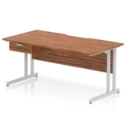 Image of Impulse 1600 x 800mm Scalloped Edge Straight Office Desk Walnut Top Silver Cantilever Leg Workstation 1 Drawer Fixed Pedestal