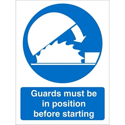 Image of Seco Guards Must Be in Position Before Starting Sign, 150mm x 200mm Self Adhesive Vinyl