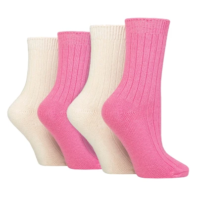 Image of WILDFEET 4 Pack Ladies Cashmere Boot Socks Breathable Ribbed Crew Wool Bed for Women (4 8, Pink/cream)