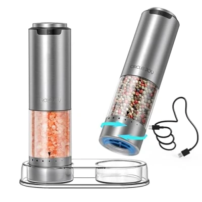Image of CIRCLE JOY Rechargeable Electric Salt and Pepper Grinder Set with Base, Stainless Steel Mills Washable 95ml Container, White LED Light Adjustable Coarseness, Sliver