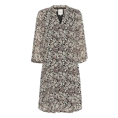 Image of PART TWO Women&#039;s Dress Chiffon Above Knee Length Regular Fit V Neck 3/4 Sleeves, Black Wallpaper Print, 18