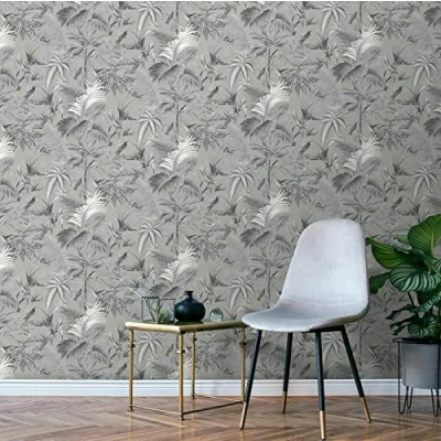 Image of SOPHIE LAURENCE Tropical Rain Forest Birds Jungle Palm Leaves Green Non Woven Wallpaper (Tropical Moonlight)
