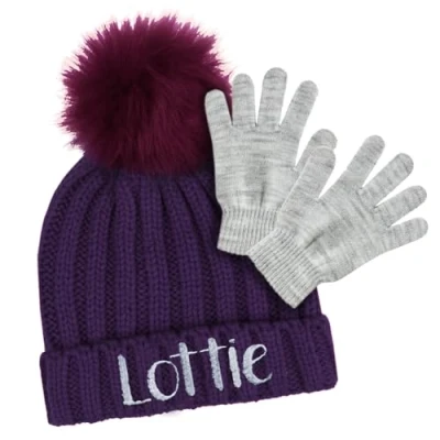 Image of TeddyT&#039;s Personalised Girl&#039;s Name Embroidered Purple Bobble Hat &amp; Gloves Set