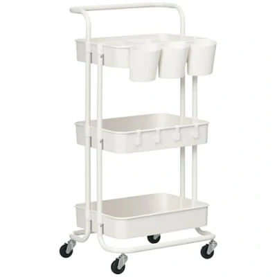 Image of HOMCOM 3 Tier Utility Rolling Cart, Kitchen Cart with Removable Mesh Baskets, Hanging Box, 4 Hooks and Dividers for Living Room, Laundry, Garage, White