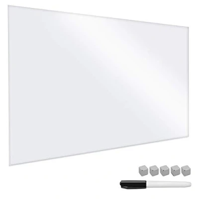 Image of Navaris Magnetic Glass Board Pure White 90 x 60 cm Dry Wipe Writing Memo Notice Whiteboard for Wall, Kitchen, Office Includes Marker and Magnets