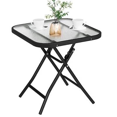 Image of eSituro Side Table, Folding Table with Glass Top, Outdoor Garden Small Patio Black+transparent, 46x46x48 cm Square SCPT0042