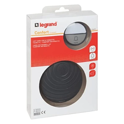 Image of Legrand 094253 Wireless Bell Set Comfort with Waterproof Push (IP44) Battery Operated 1x Gong 15 Melodies 100 m Range