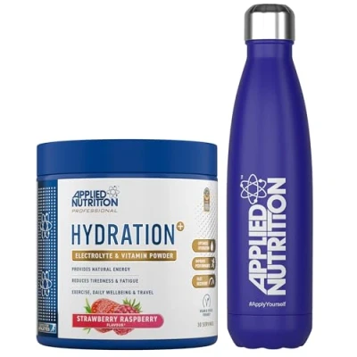 Image of Applied Nutrition Hydration Electrolyte &amp; Vitamin Powder + Blue Steel Flask 500ml Natural Energy Reduces Tiredness Optimise (240g 30 Servings)(Strawberry Raspberry)