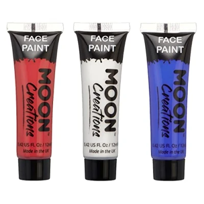 Image of Moon Creations Face &amp; Body Paint Tubes Red, White, Blue Set 12ml Euro 2024 Ready to Use for Kids, Adults, Fancy Dress, Festivals, Halloween