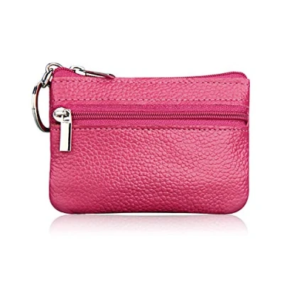 Image of Hibate Mini Coin Purse Holder Wallet Leather Purses for Women Men Kids Minimalist Zip Pouch with Key Ring Pink