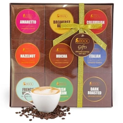 Image of Coffee Gift Set Selection of 9 Gourmet Flavoured Medium Dark Roasted Gifts for Men &amp; Women Lover Christmas Him Her (Ground Coffee)