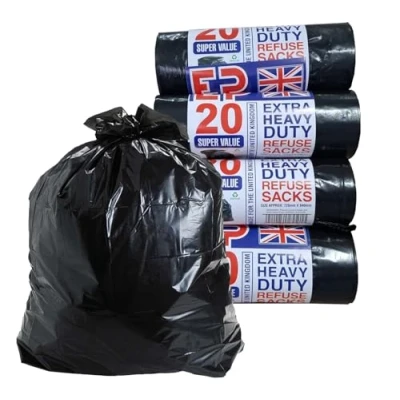 Image of Heavy Duty Black Refuse Sacks Strong Rubbish Bags Bin Liners Large for Home Garden Kitchen House Office Caterers 100% Recycled Material (200)